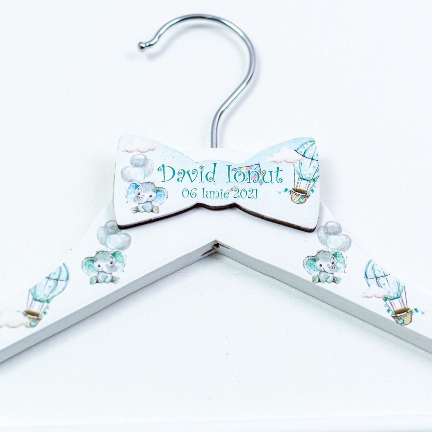 Personalized christening baby hanger Elephant in a balloon